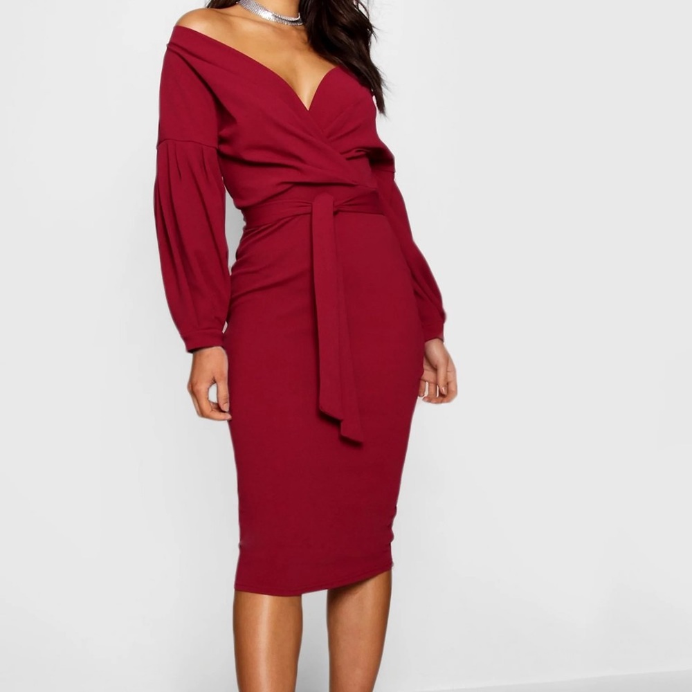 Boohoo Off the Shoulder Wrap Midi Dress in Berry